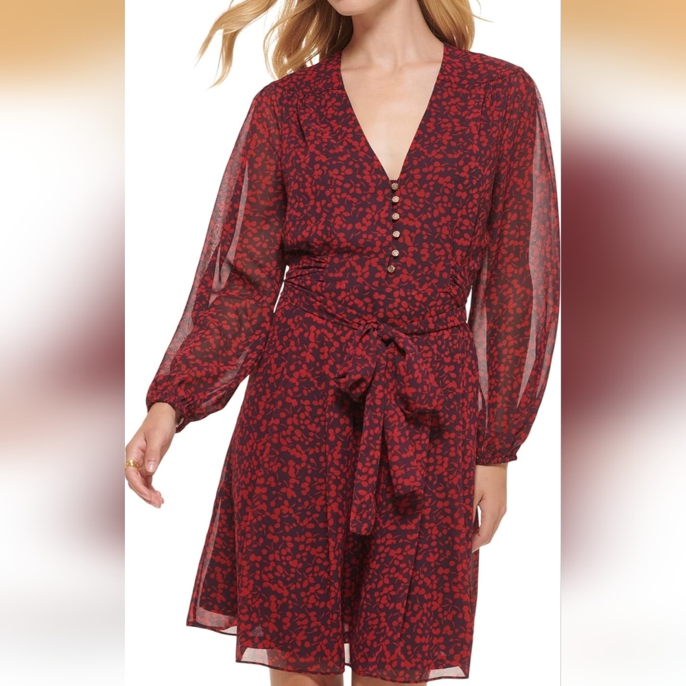 NWT Tommy Hilfiger Long Sleeve Mid Length Dress Red Petal Pattern - Picture 3 of 13